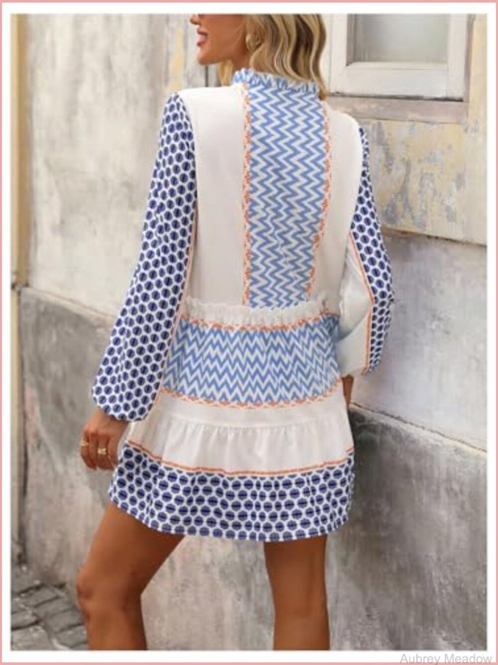 Women's Smocked Mini Dress Flowy Long Sleeve Button Front V Neck Ruffle Hem - Picture 3 of 5